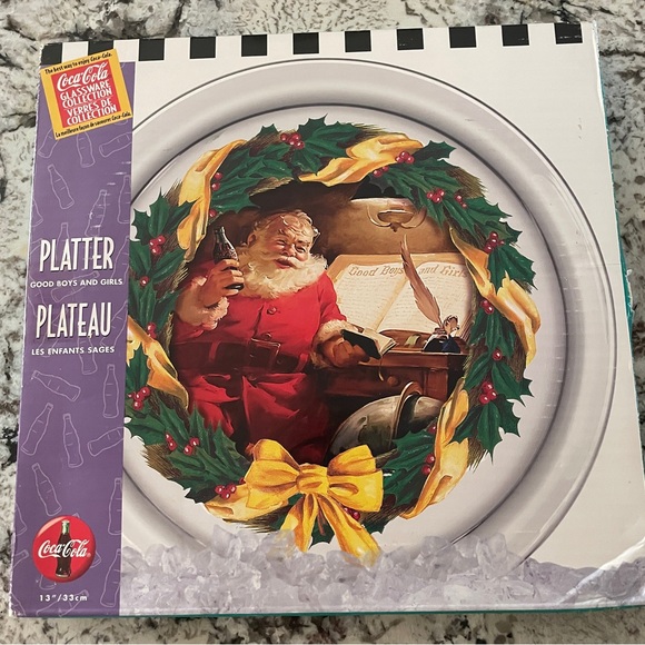 Vintage Santa Claus Holding Coca-Cola Bottle Glass Platter Good Boys & Girls 13" - Picture 5 of 9